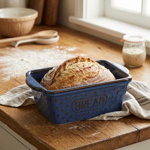 May include: A freshly baked loaf of bread in a blue ceramic bread baker. The rectangular baker has the word "BREAD" embossed on the front and is decorated with a cross pattern. The bread is golden brown and sits on a linen cloth.