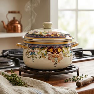 Retro Enamel Stockpot 3.5L, Floral Soup Pot for Induction & Gas Stove, Nonstick Stew Cookware