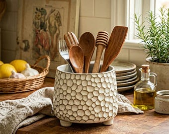 Ceramic Utensil Holder – Hammered or Checkered Farmhouse Kitchen Crock
