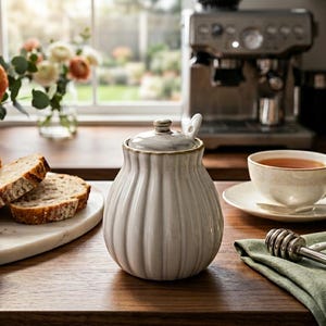 May include: A still life featuring a loaf of sliced bread, a bowl of berries, and a decorative sugar bowl. A cup of tea, honey, and a copper tea kettle are also present. The scene is set on a wooden table near a window.