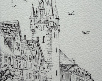 Zeichnung mit Fineliner | Künstlerkarte Architektur – Handarbeit Kunst 12 x 17 cm