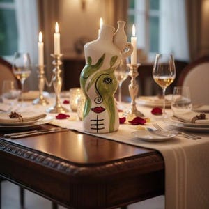 May include: A dining table set for a romantic dinner. A white ceramic vase with a painted face and green leaf design is the centerpiece. Lit candles in silver holders and wine glasses add to the ambiance. Red rose petals are scattered on the white tablecloth.
