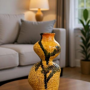 May include: A decorative, yellow ceramic vase with a textured surface and a unique, bulbous shape. The vase features black and green abstract patterns and an orange rim. It is displayed on a round, wooden table.