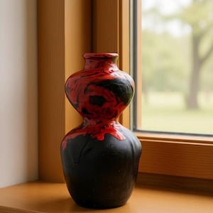 Pode incluir: Um vaso decorativo de cerâmica com uma forma única de ampulheta. A parte superior é vermelha vibrante com marmoreio preto, enquanto a base é preta sólida. O vaso está numa janela de madeira, com uma vista exterior desfocada ao fundo.