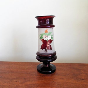 Bohemian Ruby Vase Red and Frosted Blown Glass Vase, Gold Trimmed Flowers and Leaves