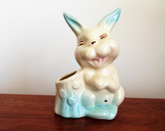 Bunny Pottery Planter, Little White and Blue Rabbit, For Easter, Plants, Office, Retro Spring Decor