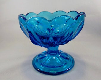 Blue Candy Dish, Glass Compote on Pedestal with Scalloped Edge, Retro Home Decor