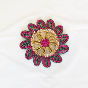 Woven Straw Trivet, Hot Pad, Pink Green Yellow and Natural Straw, Round Mat