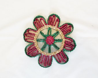 Woven Straw Trivet, Hot Pad, Red Green and Natural Straw, Round Mat