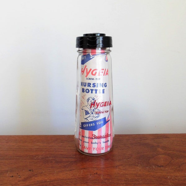 Hygeia Nursing Baby Bottle, Unused Screw Top Duraglas Glass Bottle, Complete with Nipple Sealing Disc and Ring, Mid Century Baby