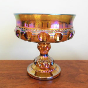 Kings Crown Compote, Indiana Glass Colony, Dark Marigold Carnival Glass, Thumbprint Pattern, Iridescent Candy Dish on Pedestal