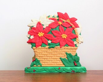 Christmas Napkin Holder Poinsettia in Basket, Plastic Letter or Christmas Card Holder, Holiday Flower