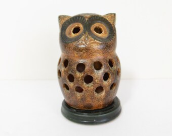 Ceramic Halloween Owl, Candle or Tealight Holder, Pierced Brown Owl Bird, Two Pieces Retro Decor Made In Japan