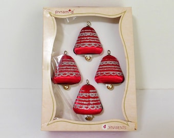 Pyramid Satin Sheen Christmas Ornaments, Red Bells With Silver Glitter, Four Unbreakable Balls In Original Box, by Rauch Industries USA