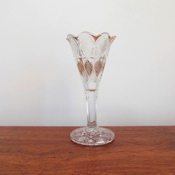 Trumpet Vase, Clear Glass with Gold Trim, Scalloped Rim and Gold Diamonds, 6 Inch Flared Vase, With Fluted Stem on Pedestal
