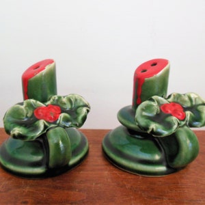 Christmas Salt and Pepper Shakers, Pottery Candles With Holly, Green With Red Berries S and P Set, Vintage Holiday Shakers with Corks