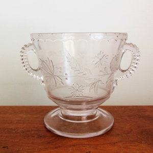 Cranesbill Sugar Bowl, Campbell Jones and Co 1890, Bowl With Handles on Pedestal, Flowers and Leaves on Clear EAPG, Sold As Is, CLEARANCE