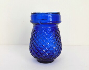Blue Glass Victorian Fairy Light, Christmas Cobalt Lamp with Diamond Pattern Antique Holiday Candle Jar