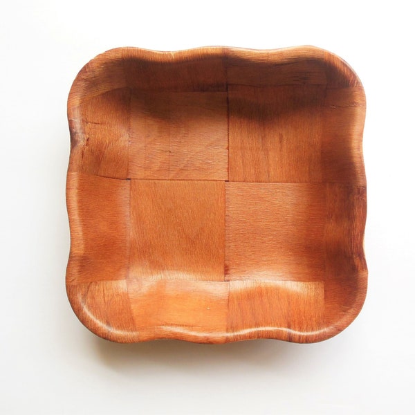 Wooden Parquet Bowl, Square Woven Wood Checkerboard Snack Dish, 6 Inch Wavy Edge Container, Retro 1960s 1970s Decor