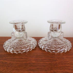 Anchor Hocking Stars and Laurel, Pair of Candle Holders, Two Pressed Glass Clear Candlesticks