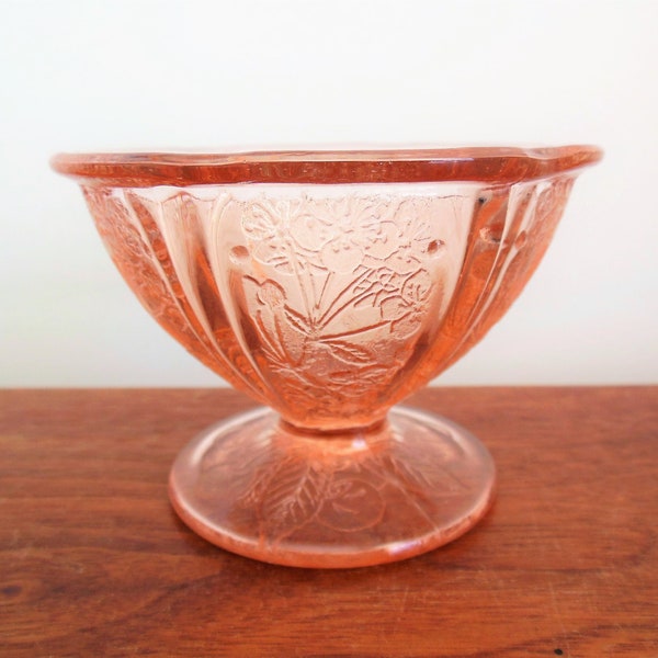 Cherry Blossom Pink Champagne by Jeannette Glass, Tall Sherbet Cup on Pedestal, 1930s Pink Depression Glass