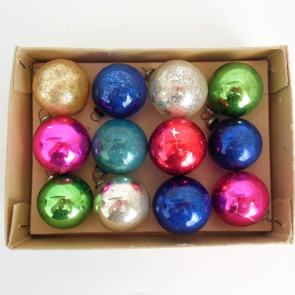 Glass Christmas Ornaments, Small Mid Century Balls, Made in Occupied Japan, 12 Feather Tree Ornaments in Original Box