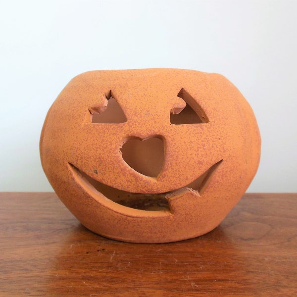Halloween Pumpkin Candle Holder, Terra Cotta Open Jack O Lantern, Goofy Face Pottery For Retro Style Halloween Decorating