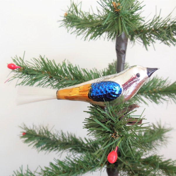 Glass Bird Christmas Ornament, Clip On Bird, Silver With Blue and Gold Wings, Spun Glass Tail, Retro Holiday Tree Decor