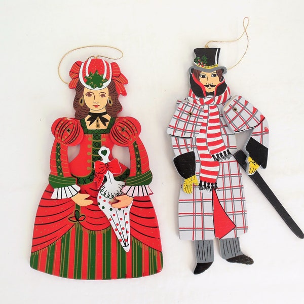 Victorian Couple Christmas Ornaments, Big Stephanie Siegel Woman and Man With Jointed Arms, Holiday Tree Or Home Decor, Made In Taiwan 1984