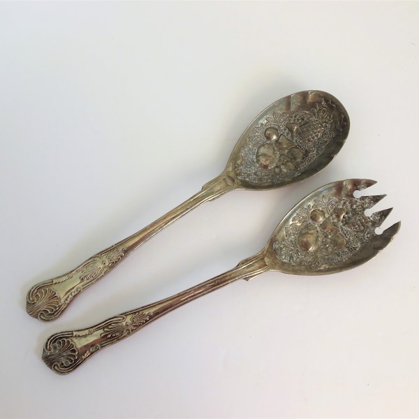 Sheffield Silver Company, Kings Salad Set, Serving Fork and Spoon, Ornate Fruit Design Serving Pieces, Retro Flatware for Salads, CLEARANCE