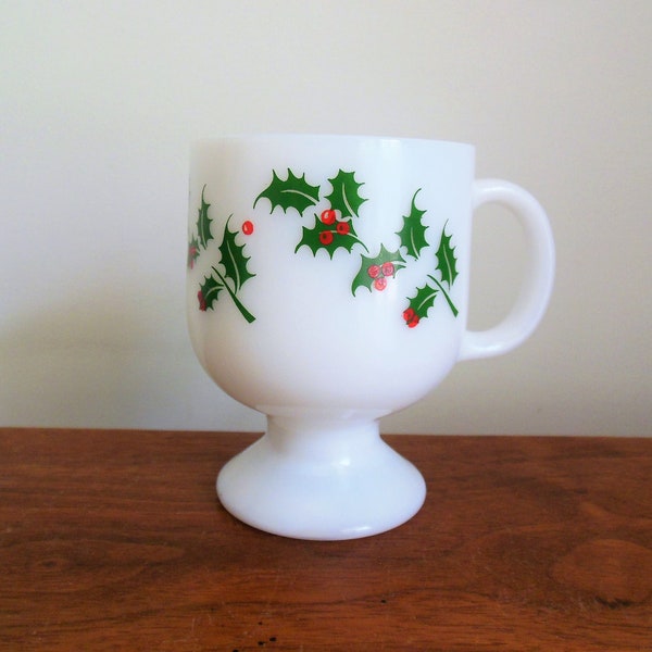 Christmas Milk Glass Mug, White With Holly and Berries, Milkglass Holiday Cup, Vintage Footed Glass With Handle