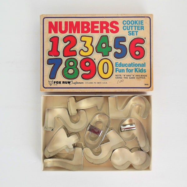 Numbers Cookie Cutter Set, Fox Run Craftsmen 1984, Aluminum Cookie Cutters, Numbers 0 to 9 in Original Box, Item 3640