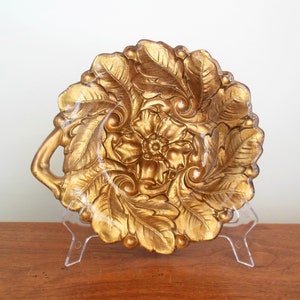 Gold Painted Bowl, Old Goofus Glass Style Shallow Dish With Handle, Flower and Leaves Clear Glass Bowl Painted Gold