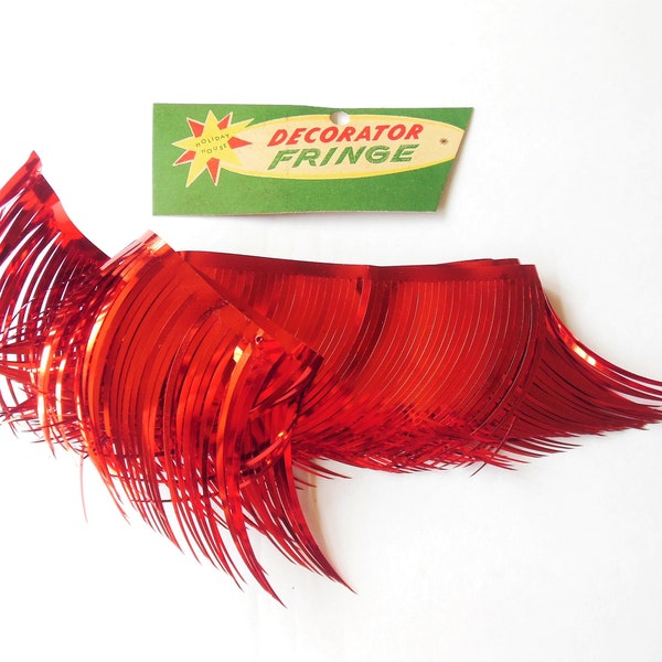 Christmas Red Foil Fringe, Decorator Holiday Trim, Mid Century Craft or Tree Trim, 2 Inch Wide, 45 Inches Long