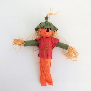 Halloween Scarecrow, Straw and Crepe Paper Man Made in Taiwan, 6 Inch Tall Scarecrow for Autumn Decorating or Crafts