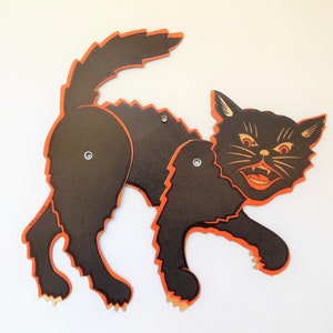 Halloween Black Cat, Small Riveted Posable Cardboard Kitten, One Hanging Cat With Orange Accents, Fall Autumn Decor Made in U.S.A.