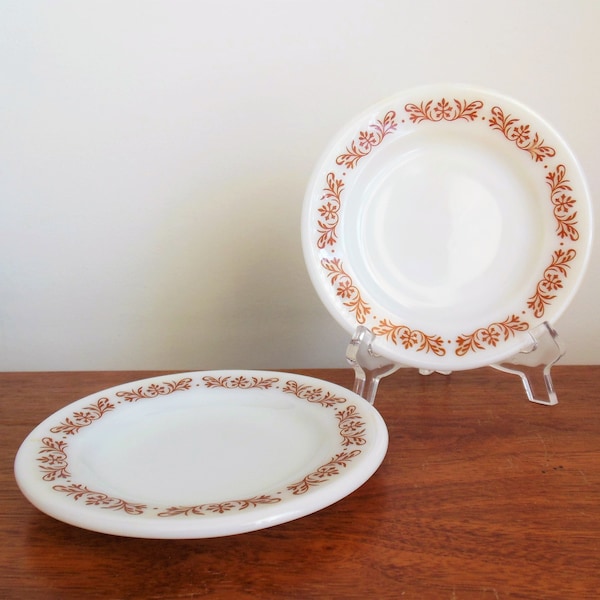 Pyrex Small Plates, Two Copper Filigree Bread and Butter, Thick White Milkglass With Brown Scrolls, Tableware by Corning Made in U.S.A.