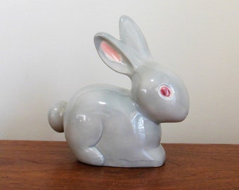 Ceramic Easter Bunny Figure, Light Gray Glossy Rabbit, Hand Made for Holiday Decor, Collectible Figurine