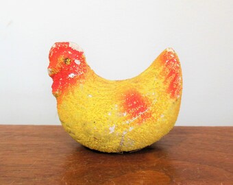 Easter Chicken Old Paper Mache Composition Candy Container, Sitting Yellow and Red Hen, Spring Decor Sold as Is