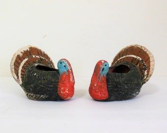 One Thanksgiving Turkey Container, Choice of One Paper Mache Composition Hand Painted Turkey Figurine, Christmas Holiday Display