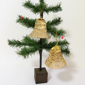Christmas Bell Ornaments, White with Gold Foil, Plastic Mica Covered Bells with Honeycomb, Mercury Glass Clapper, Retro Holiday Decor