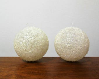 Big Snowball Christmas Ornaments, Two Plastic Bead Covered Sparkly Balls, Retro 4 Inch Holiday Ball Set