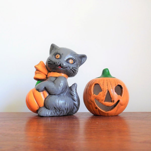 Halloween Ceramic Cat and Jack O Lantern, Two Handmade Pieces, Gray Kitten With Pumpkin and Bow, and Orange Open Face JOL