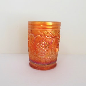 Dugan Vineyard Grape Pattern Tumbler, Marigold Carnival Glass Antique Cup, Grape Bunches and Leaves on Vines Wavy Bark Background