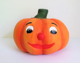 Halloween Pumpkin With Painted Face, Ceramic Jack O Lantern, Shades of Orange, Green Stem, Eyes, Red Nose and Smiling Mouth