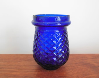 Blue Glass Victorian Fairy Light, Cobalt Fairy Lamp, Christmas Diamond Pattern Candle Jar, Marked LP, Antique for Christmas Tree