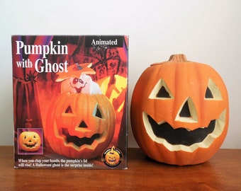 Halloween Pumpkin With Ghost, Animated Jack O Lantern By Gemmy Industries, Ghost Rises With Noise and Light, Battery Operated, Made in China