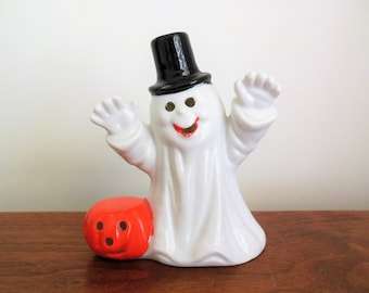 Halloween Ghost, Celebrations by Silvestri Ghost with Pumpkin or Jack O Lantern Figurine, Made in Taiwan ROC