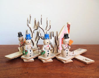 Expandable Wood Christmas Scene, Made in Japan, Snowmen Winter Trees and House, Mid Century Holiday Decor, Sold As Is