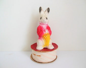 Easter Bunny Candy Container, Chalk Plaster Rabbit on a Box, Chalkware Boy With Red Coat and Umbrella, Antique Spring Decorating